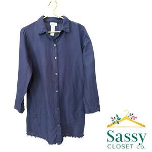 Tommy Bahama Navy Linen Viscose Button Front Roll Tab Top Swim Cover Sz S EUC